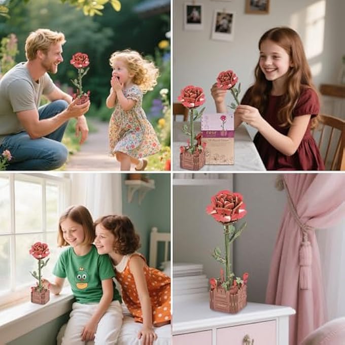 3D WOODEN PUZZLE,ROSE FLOWER WOODEN MODEL KITS FOR ADULTS TO BUILD,ARTIFICIAL FLOWERS FOR DECORATION,HOME DECOR ACCESSORIES LIVING ROOM,GIFTS FOR WOMEN BIRTHDAY DAY (ROSE) - Image 4